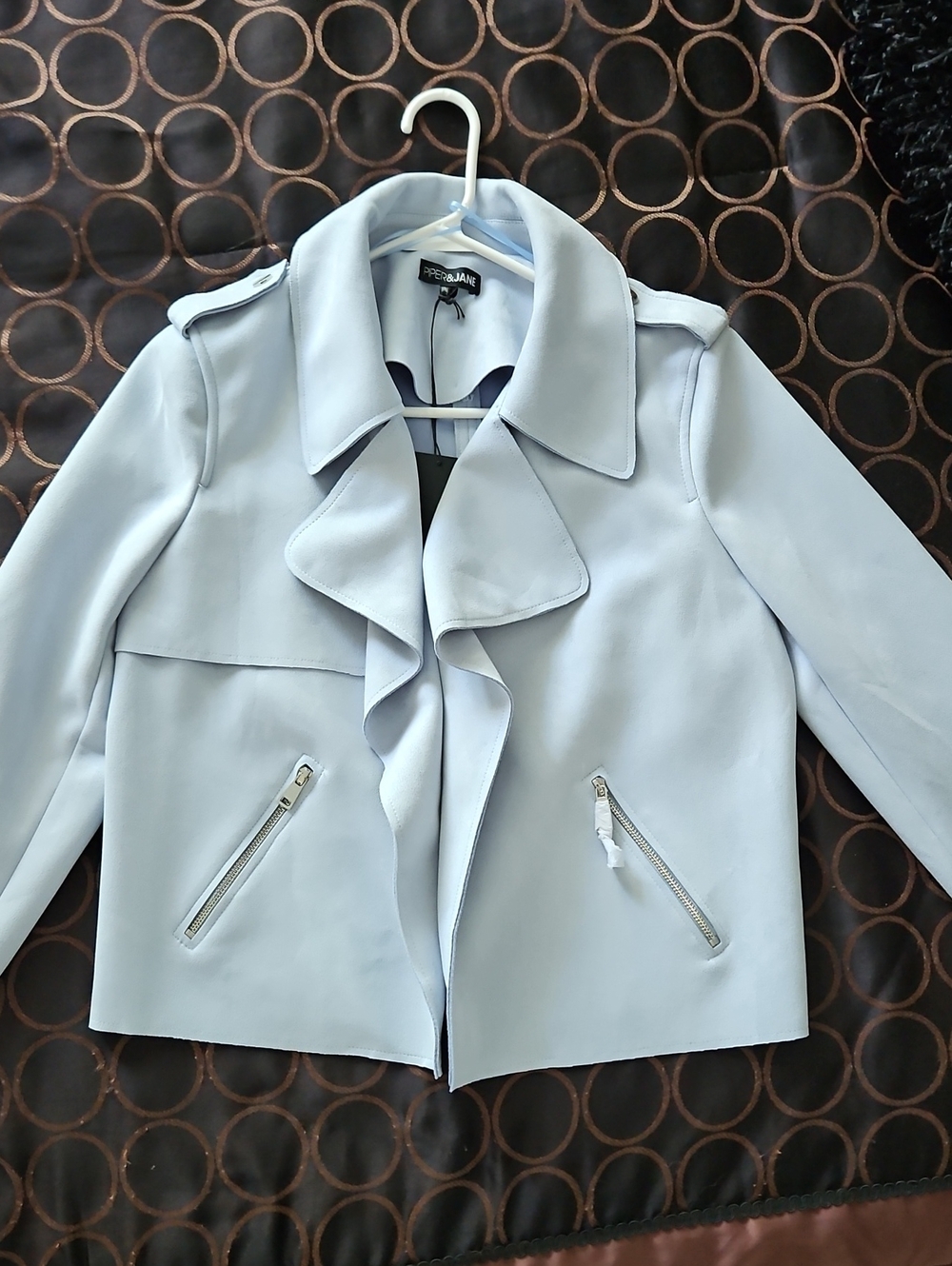 Piper & Jane Soft Faux Suede Light Blue Jacket w Waterfall Lapel
